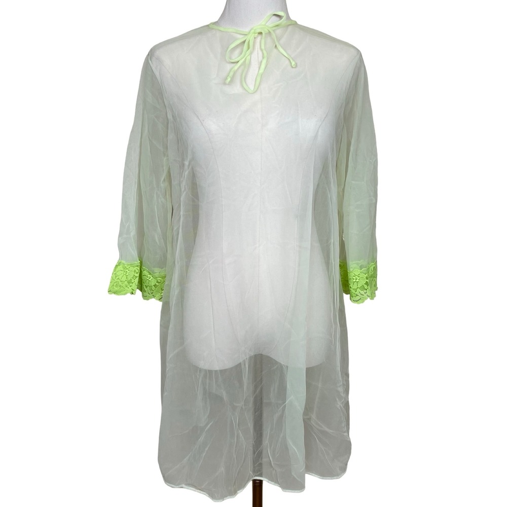 Vintage Sheer Mesh Robe Nightgown M Nylon Lime Green Lace Trim Tie Neck 50s 60s